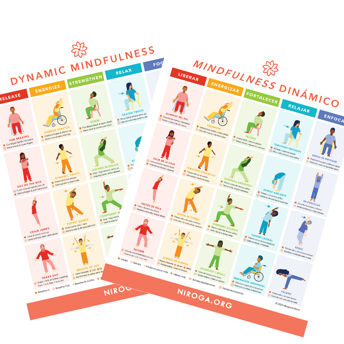 Dynamic Mindfulness posters for classrooms, home, clinics, and workplaces. Mindful movements.